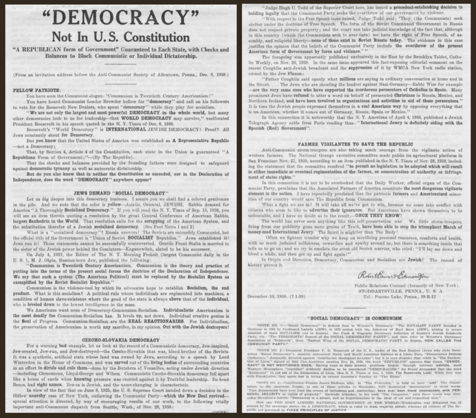 Edmonson AntiSemitic Flyers "Democracy Not in US Constitution"